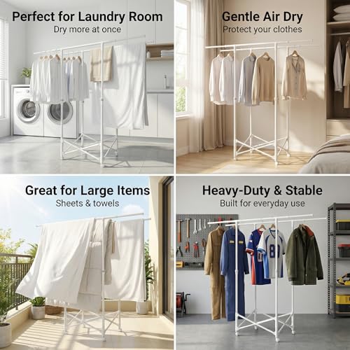 Clothes Drying Rack, Double Rod Extendable 33.1–56.7 Inches, No Assembly & Foldable Clothing Rack for Hanging Clothes with Wheels, for Indoor Outdoor Laundry Room Organization, White