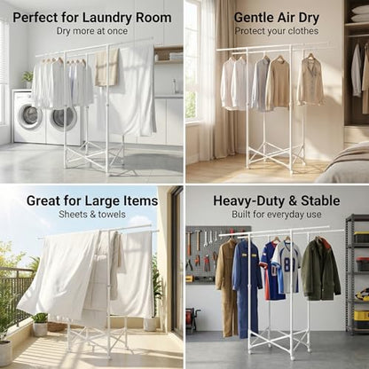 Clothes Drying Rack, Double Rod Extendable 33.1–56.7 Inches, No Assembly & Foldable Clothing Rack for Hanging Clothes with Wheels, for Indoor Outdoor Laundry Room Organization, White