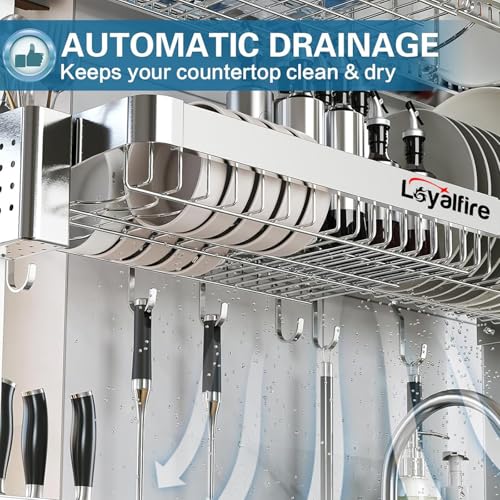 Loyalfire Over Sink Dish Drying Rack, 3 Tier Adjustable Length (20.87'' to 37.6'') Full Stainless Steel Large Storage Kitchen Dish Rack, Expandable Drainer Shelf Rack with Multifunctional Organizers - color: Silver