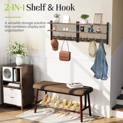 2 Tier Coat Rack Wall Mount with Shelf, 33" Wall Shelf with Hooks, Entryway Key Holder for Wall with 8 Heavy Duty Double Hooks, Coat Hook Wall Mounted for Bedroom, Living Room, Rustic Brown - color: Brown-2 Pack