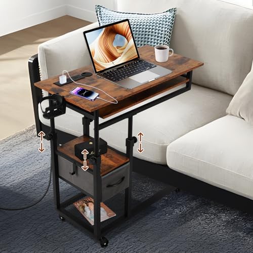 FAHKNS C Table with Wheels, Adjustable Couch Table with Charging Station, Couch with Cup Holder, Sofa Bedside Laptop Stand C Shaped TV Tray with Storage Shelves