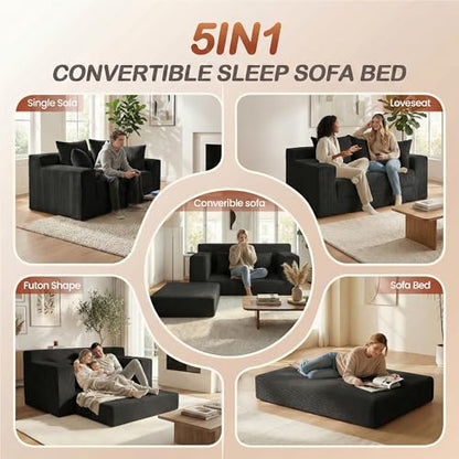 Convertible Sofa Bed, 5 in 1 Small Boneless Couch Pull Out Loveseat Sleeper Sofa,Corduroy Futon Couch Folding Mattress with 4 Pillows for Living Room (Black01, Loveseat)