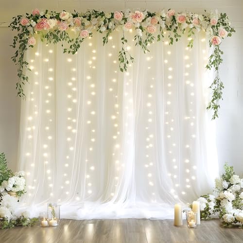 Fomcet Tulle Backdrop Curtains with Lights 10x8ft Sheer White Curtain | Tulle Curtains Backdrop Sheer Backdrop Curtains for Parties, Wedding Birthday Baby Shower Photo Shoot Decors(2 Panels 5x8ft) - color: White, size: 10FT X 8FT(2 Panels 5ft X 8ft)