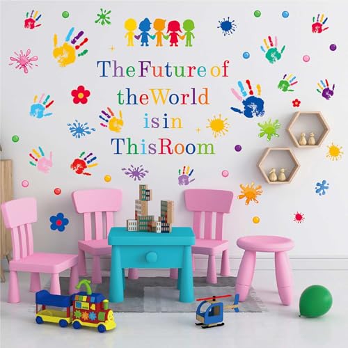 Inspirational Quotes Paint Splatter Handprint Wall Decals Stickers | Peel and Stick Vinyl Wall Stickers The Future of The World is in This Room Quote for School Nursery Bedroom Playroom Decor - color: Inspirational
