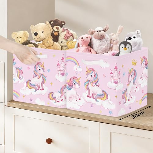 Clastyle 11.8" Unicorn Storage Basket Set of 3 for Kid Girl Toy Clothes Bin | Collapsible Fabric Book Bin, Metal Frame Bottom Board, Cube Organizer, Closet Nursery Pantry Shelf Bedroom, Pink Rainbow