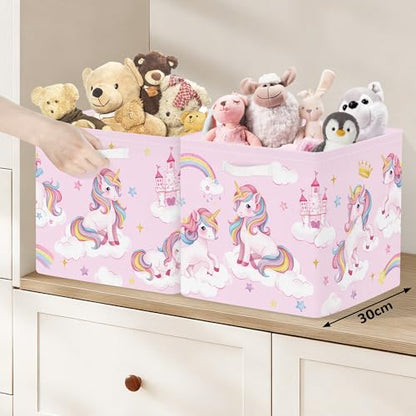 Clastyle 11.8" Unicorn Storage Basket Set of 3 for Kid Girl Toy Clothes Bin | Collapsible Fabric Book Bin, Metal Frame Bottom Board, Cube Organizer, Closet Nursery Pantry Shelf Bedroom, Pink Rainbow