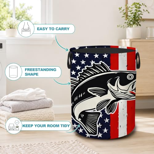 Patriotic Bass Fish Collapsible Laundry Hamper,American Flag Waterproof Oxford Cloth Clothes Basket with Handles for Bathroom Bedroom Nursery Dorm Room,16" x 20" - color: Patriotic Bass Fish,American Flag