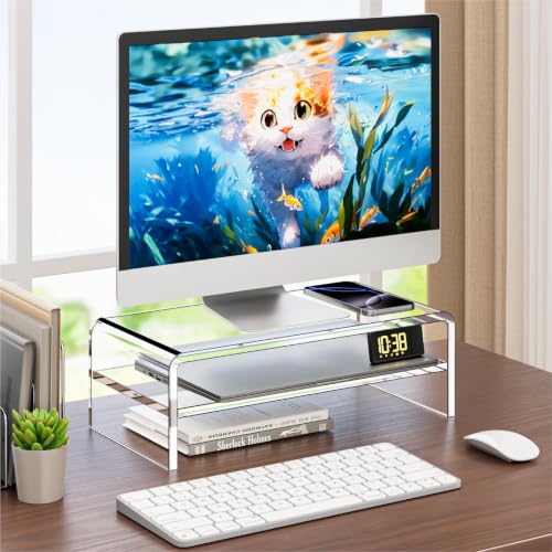 Egchi Clear Acrylic Monitor Stand Riser 2 Tier, 5.12 Inches High Clear Computer Desk Organizer Shelf for Multi Media PC Storage Laptop | Clear, Desk Shelf, for Multi Media PC Storage, Laptop Stand - size: 16''x8''x5.12''-2 Tiers