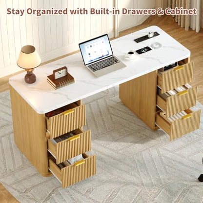 63" Fluted Computer Desk with Charging Station and Storage for Bedroom, Home Office | Home Office Desk with 6 Drawers and Power Outlet, Executive Study Writing Desk with Cabinet, Natural
