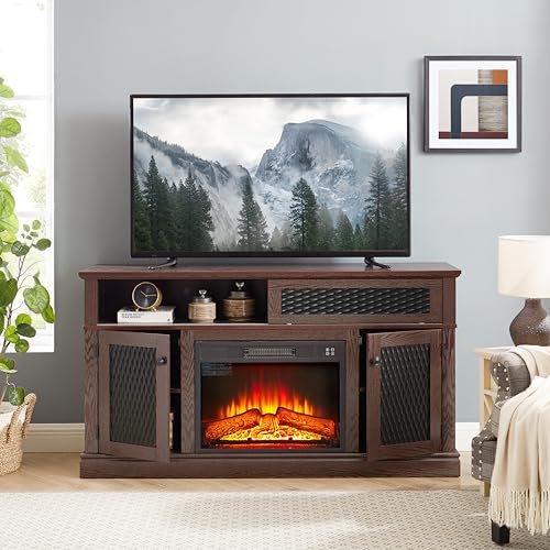 Fireplace TV Stand 58 in with 23 inch Electric Fireplace Insert, Wood Entertainment Center for TV up to 65 inch, Rustic Media Console with Embossed Sliding Doors and Cable Management, Dark Cherry - color: Cherry-d