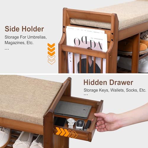 PETKABOO Shoe Bench with Hidden Drawer and Side Holder, 2 Tier Entryway Bench with Storage 39.4 in, Bamboo Shoe Rack with Cushion for Entryway Hallway Living Room Bedroom - size: 39.4"