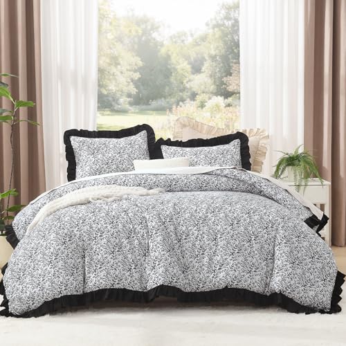 Litanika Twin Comforter Set, 2 Pieces Black Floral Ruffle Bedding Set | Farmhouse Shabby Chic Aesthetic Soft Fluffy Lightweight Breathable Bed Set for Girls Women Room Decor Gift All Season - color: Flower Black White, size: Twin (66"x90")