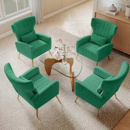 Nebuaegis Green Velvet Accent Chair Set of 4, Wingback Chair for Living Room, High Back Arm Chair with Golden Legs Lumbar Pillow, Upholstered Single Sofa Bedroom - color: Green, size: Set of 4