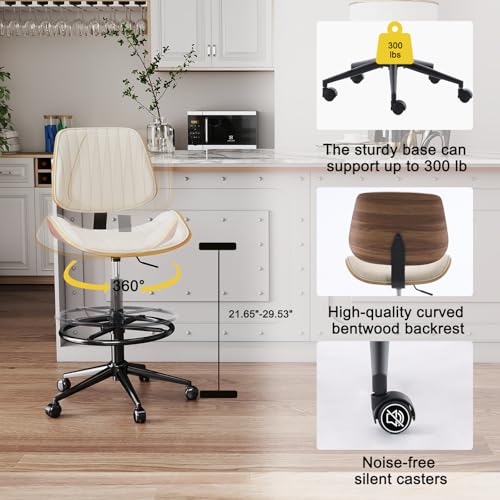 Drafting Chair for Standing Desk, Armless Tall Office Chair with Bentwood Backrest, Adjustable Height, Footrest Ring and Swivel Seat, PU Leather (Ivory) - color: Ivory