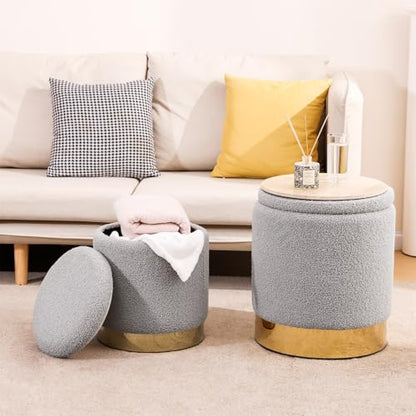 YYW HOME Round Ottoman with Storage Set of 2 Gray Sherpa Vanity Stool | Removable Lid, Gold and Gray Ottoman,Hidden Storage Stool, Small Coffee Table for Living Room,Nest Packing, Assembly Free - color: Teddy Gray