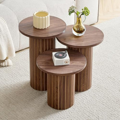 Round Nesting Coffee Table Set of 3 Mid Century Modern Wood Round Coffee Tables with Flexible Small Boho Circle End Table for Space Saving Living Room Comedor Home Office Bedroom(Brown) - color: 3pcs Brown