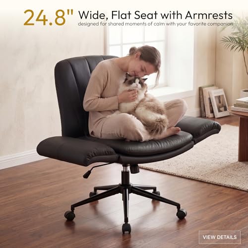 Dowinx Criss Cross Chair with Five-Level Adjustable Arms and Wheels - Comfortable Ergonomic PU Leather Swivel Vanity Chair - Computer Makeup Gaming Chair for Home Office, Bedroom, Living Room (Black) - color: All Black