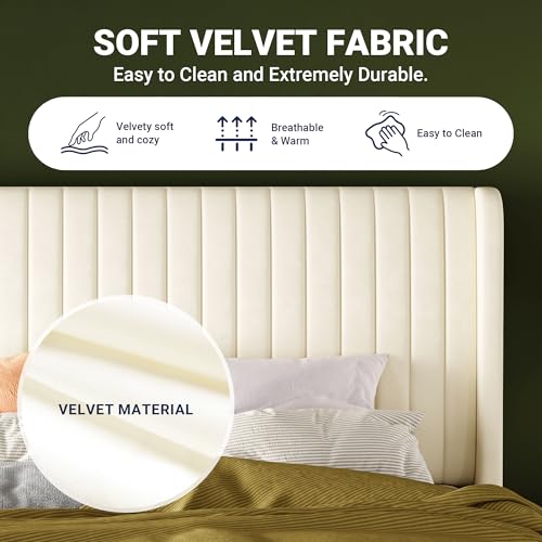 Allewie Full Size Velvet Bed Frame/Vertical Channel Tufted Wingback Headboard/Upholstered Platform Bed/Strong Wooden Slats/No Box Spring Needed/Easy Assembly/Cream White - color: Cream White, size: Full