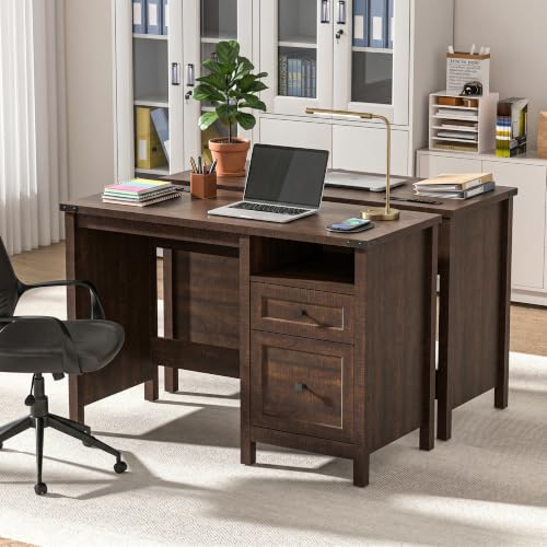 Farmhouse Executive Desk with Charging Station, 45″ Home Office Computer Desk with Drawer & Open Shelf, Writing Desk for Small Space,Dark Brown - color: Dark Brown