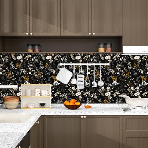 Black Grey Vintage Floral Peel and Stick Wallpaper 17.5" x 393" | Waterproof Vinyl Self Adhesive Removable Renter Friendly Floral Contact Paper - color: Black Grey, size: 17.5" x 393"
