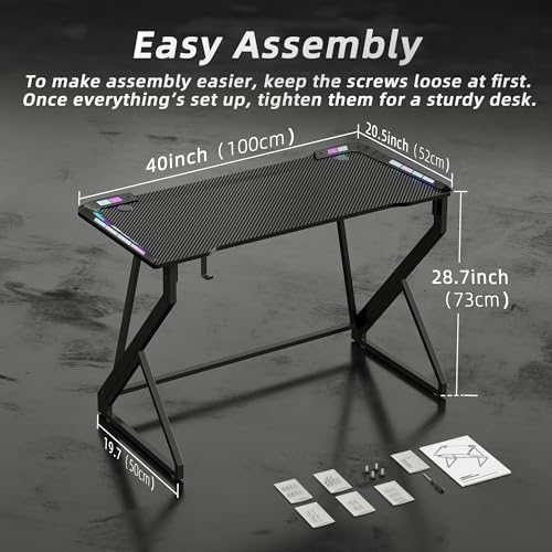 TIQLAB Gaming Desk with LED Lights, 40 Inch Computer Desk Z Shaped Gamer Workstation, Gaming Table with Carbon Fiber Surface, PC Gamer Desk, Black