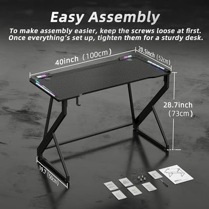TIQLAB Gaming Desk with LED Lights, 40 Inch Computer Desk Z Shaped Gamer Workstation, Gaming Table with Carbon Fiber Surface, PC Gamer Desk, Black