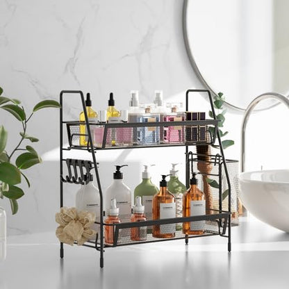 2 Tier Bathroom Countertop Organizer, Vanity Storage Shelf, Small, Black | Bathroom Counter Organizer, Vanity Makeup Tray Shelf, Kitchen Spice Rack, Metal Wire Mesh, with Basket Hooks - color: 2 Tier Small Black