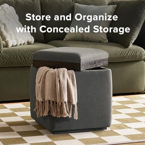 mopio Levi Storage Ottoman with Reversible Tray, Modern Square Chest Coffee Table, Upholstered Cube Sitting Foot Stools Ottoman for Living Room, Bedroom, Entryway (Fabric, Dark Gray) - color: Dark Gray Fabric, Cube