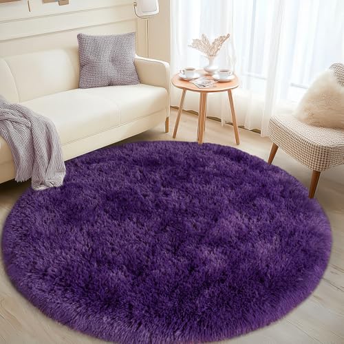 4ft Fluffy Dark Purple Round Rug for Bedroom, Washable Non-Slip | Soft Shag Purple Circle Rug for Kids Room Dorm Living Room Home Decor, Thick Memory Sponge, Flame Resistant - color: Dark Purple, size: 4' (Round)