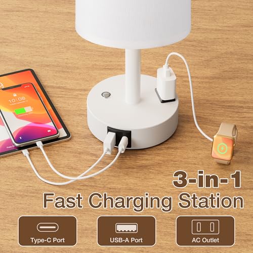 White Touch Bedside Lamp for Bedroom, Stepless Dimmable, USB A+C, AC Outlet | Base Touch Button Only, Memory Brightness, Ultra-dim Night Light, Included Bulb for Optimal Dimming, White Lamp Base, Nursery - color: White & White