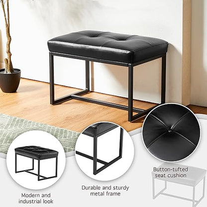 Glitzhome Ottoman Bench, Modern PU Leather Vanity Stools Chairs with Metal Frame, Makeup Stool Padded Foot Rest Stool for Living Room Vanity, Entryway, Bathroom, Black - color: Black