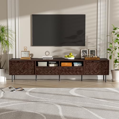 Modern TV Stand 78 inch for TVs up to 85 inch, Large Media Console with 3D Diamond Pattern and Cable Management for Living Room, Wood Entertainment Center with Soft-Closing Hinges, Dark Brown - color: Dark Brown-g