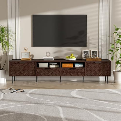 Modern TV Stand 78 inch for TVs up to 85 inch, Large Media Console with 3D Diamond Pattern and Cable Management for Living Room, Wood Entertainment Center with Soft-Closing Hinges, Dark Brown - color: Dark Brown-g