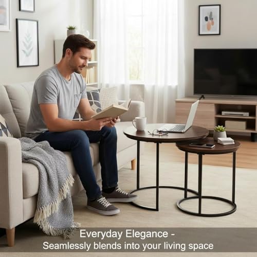 Round Nesting Coffee Table Set of 2, Stacking Minimalist End Table | Modern Marble Pattern Wooden Nesting Tables for Living Room Bedroom Small Space, Black Leg+Brown top - color: Black Leg+brown Top