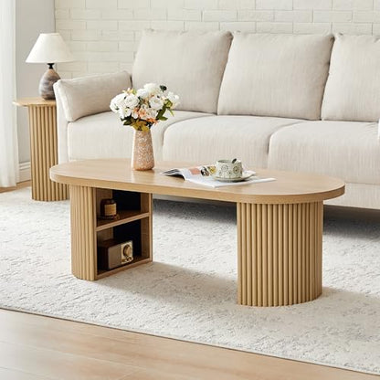 Oval Fluted Coffee Table, 47" Farmhouse Wood Coffee Table Mid Century Modern Center Table Boho Living Room Tables for Living Room Office,Natural - color: Natural, size: 19.69"D x47.2"W x 15.74"H