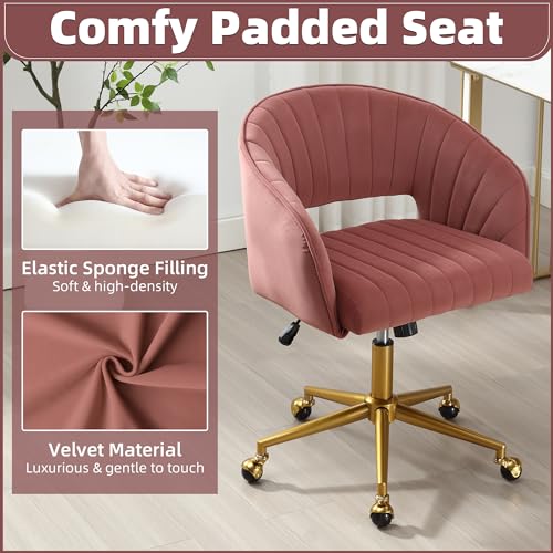 Desk Chair with Wheels, Gold Base, Velvet Accent Vanity Armchair, Rose Red | Spacious‌ Soft Seat, Swivel Height Adjustable, Rocking Function, Modern Stripe for Girls &Women Bedroom Makeup or Nail - color: Rose Red Velvet
