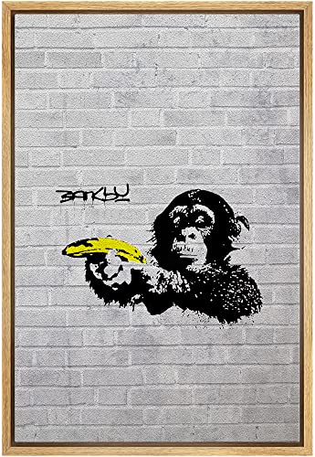 wall26 Framed Canvas Print Wall Art Banksy British Artist Spray Paint Monkey Banana Gun Graffiti & Street Art Urban Illustrations Modern Art Scenic for Living Room, Bedroom, Office - 16"x24" Natural - color: A12-2204-eva25, size: 24"L x 16"W