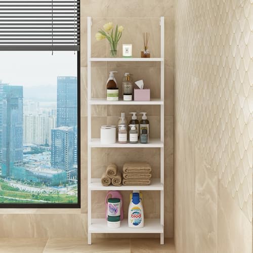5-Tier White Tall Narrow Bookshelf Ladder, 5 Wooden Ladder Bookshelf Boards, Book Shelf, Stand Shelf, Wall Shelf, 23.6" L X 11.8" W X 70.9" H