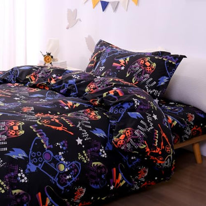 JSD Black Gaming Kids Duvet Cover Set Twin Size | 2 Piece Soft Printed Microfiber Duvet Cover with Pillow Sham Zipper Closure, Comforter Not Included, Oeko-Tex Certified - color: Black Gamer, size: Twin