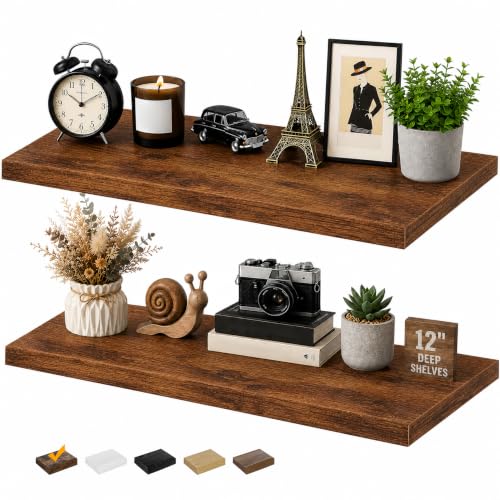 RICHER HOUSE 12 Inch Deep Floating Shelves, 36 Inch Long Wall Shelf, Brown | Rustic Wood Wall Mounted Shelves, Bookshelf Set of 2 with Invisible Bracket for Display Bathroom Bedroom Kitchen Living Room - color: Brown, size: 36in