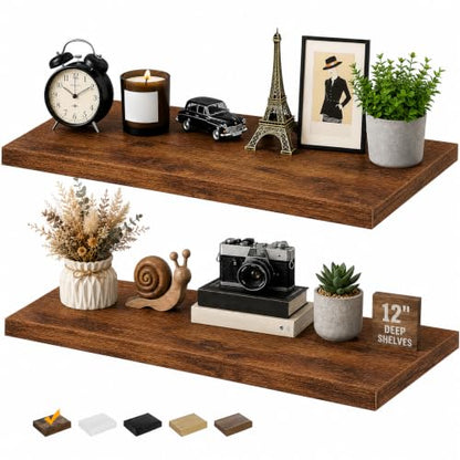 RICHER HOUSE 12 Inch Deep Floating Shelves, 36 Inch Long Wall Shelf, Brown | Rustic Wood Wall Mounted Shelves, Bookshelf Set of 2 with Invisible Bracket for Display Bathroom Bedroom Kitchen Living Room - color: Brown, size: 36in