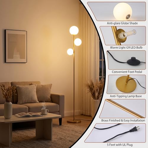 Fiqevs 3 Globe Floor Lamp Mid Century Modern, Gold Standing Lamp with Frosted Glass Shade & LED Bulbs, Tall Pole Light with Foot Switch for Living Room Bedroom Office - Antique Brass - color: 3 Globe- Gold