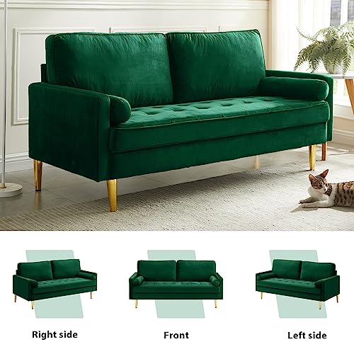 67" Modern Velvet Loveseat Sofa Couch, Mid-Century Tufted Upholstered Small Love Seat Couch with 2 Pillows & 4 Golden Legs, 2-Seats Couches for Compact Space, Living Room, Apartment (Emerald) - color: Emerald