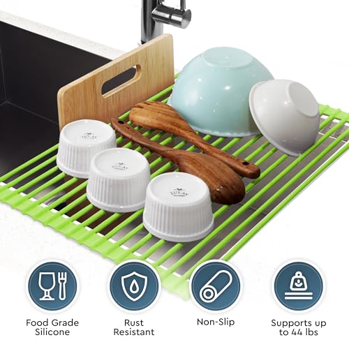 Zulay Kitchen Large Roll Up Dish Drying Rack - Heavy Duty Silicone Wrapped Steel Rods Over Sink Dish Drying Rack - Versatile Roll Up Sink Drying Rack & Trivet - Green,20.5 inches x 13 inches - color: Mint Green