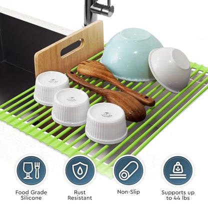 Zulay Kitchen Large Roll Up Dish Drying Rack - Heavy Duty Silicone Wrapped Steel Rods Over Sink Dish Drying Rack - Versatile Roll Up Sink Drying Rack & Trivet - Green,20.5 inches x 13 inches - color: Mint Green
