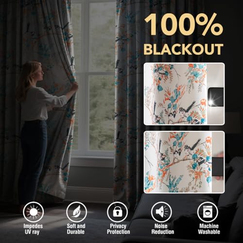H.VERSAILTEX 100% 암막 꽃무늬 빈티지 커튼 243.8cm(96인치) 길이 2패널 프린트 패턴 암막 그로밋 단열 커튼 거실 침실 드레이프용, 틸/블랙 - color: 벌새-청록색/블랙, size: 52"W x 96"L (Pack of 2)