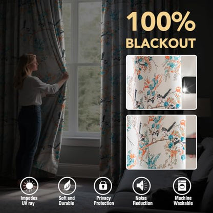 H.VERSAILTEX 100% 암막 꽃무늬 빈티지 커튼 243.8cm(96인치) 길이 2패널 프린트 패턴 암막 그로밋 단열 커튼 거실 침실 드레이프용, 틸/블랙 - color: 벌새-청록색/블랙, size: 52"W x 96"L (Pack of 2)