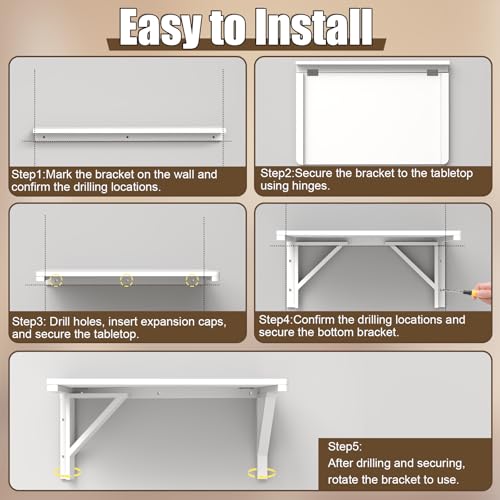 MM MELISEN Wall Mounted Folding Table, 80x60cm, White, Space-Saving Design - color: White, size: 80X60CM/32X24IN