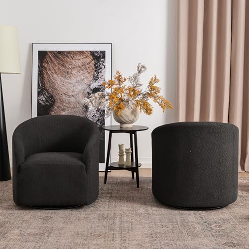 KINWELL 32" Wide Modern Boucle Swivel Barrel Chairs Set of 2, No Assembly Round Upholstered Swivel Accent Armchairs for Living Room, Bedroom (Black) - color: Black, style: Set of 2