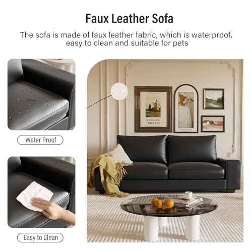 71.25" Faux Leather Loveseat Sofa Couch for Living Room, Black | Mid Century Modern Love seat with Wide Arm, Side Pockets, Deep Seat, Solid Wooden Frame for Office,Bedroom, Apart